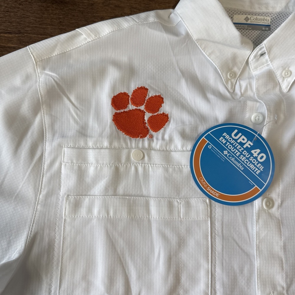 NEW Columbia PFG Clemson Tigers Mens Medium White Vented Fishing Shirt UPF 40 - Picture 2 of 8